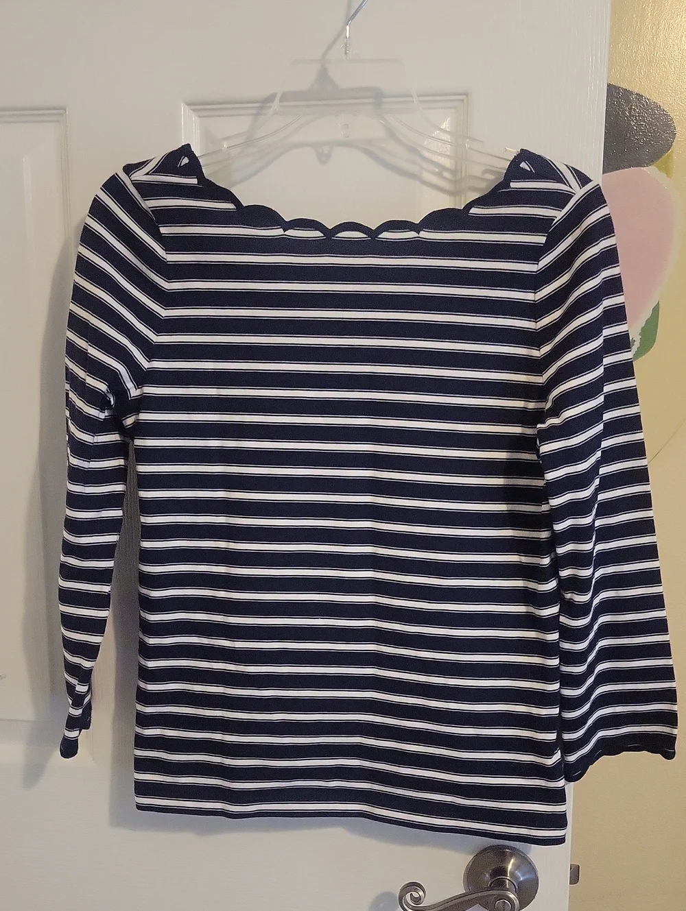 kate spade SzSm Cotton Scalloped Neck Lower back dip navy and white striped top